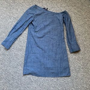 Theory Blue Indigo Chambray Denim Ulrika Asymmetric One-Shoulder Mini Dress